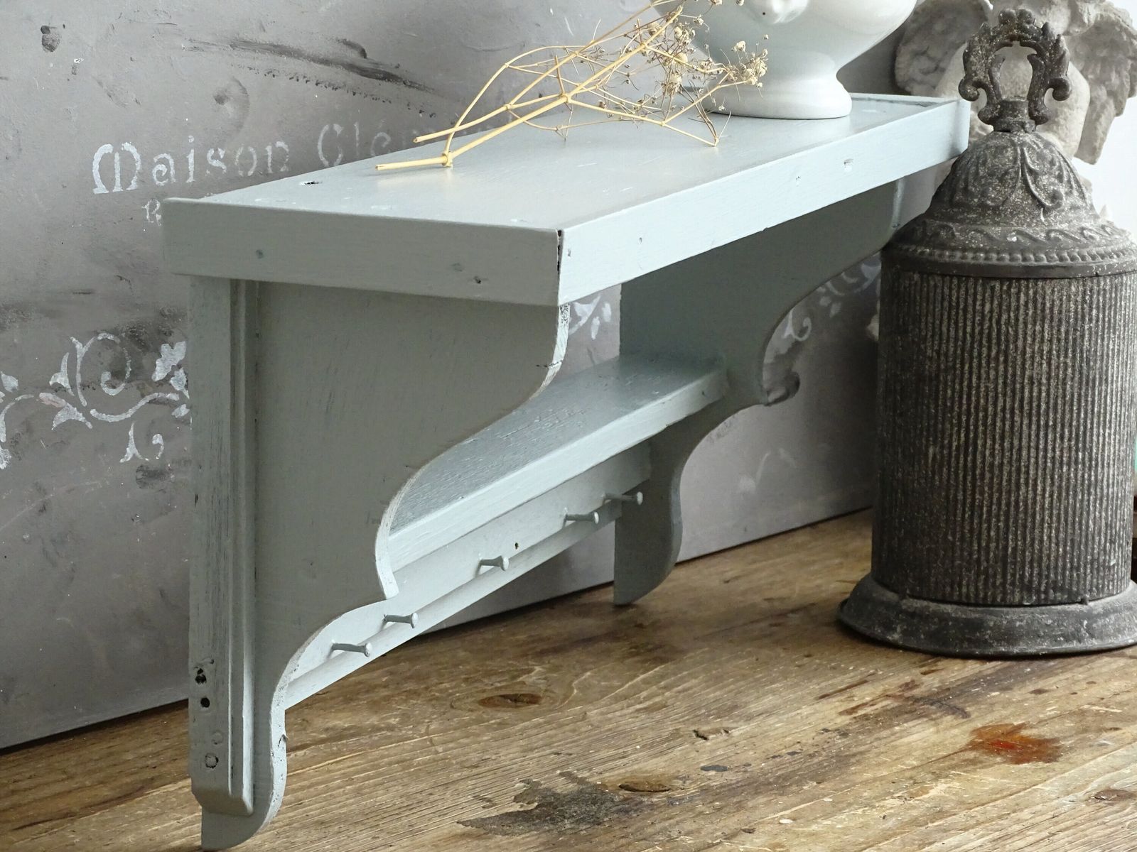 Blue 2 Tier Corbel Shelf: Shabby Chic Wood Wall Spice Rack photo for sale
