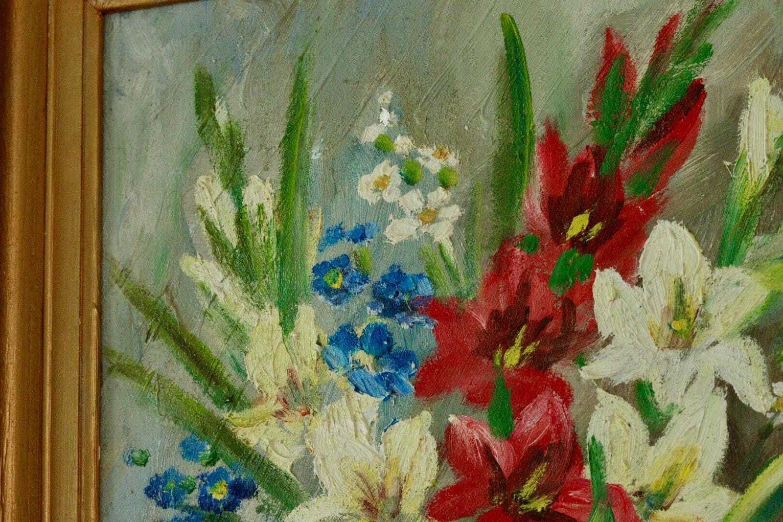 photo furniture Original Swedish Vintage Oil On Canvas – “Still Life Flowers” By Hilding N – Signed  59 X 49 Cm (23.2" X 19.3")
