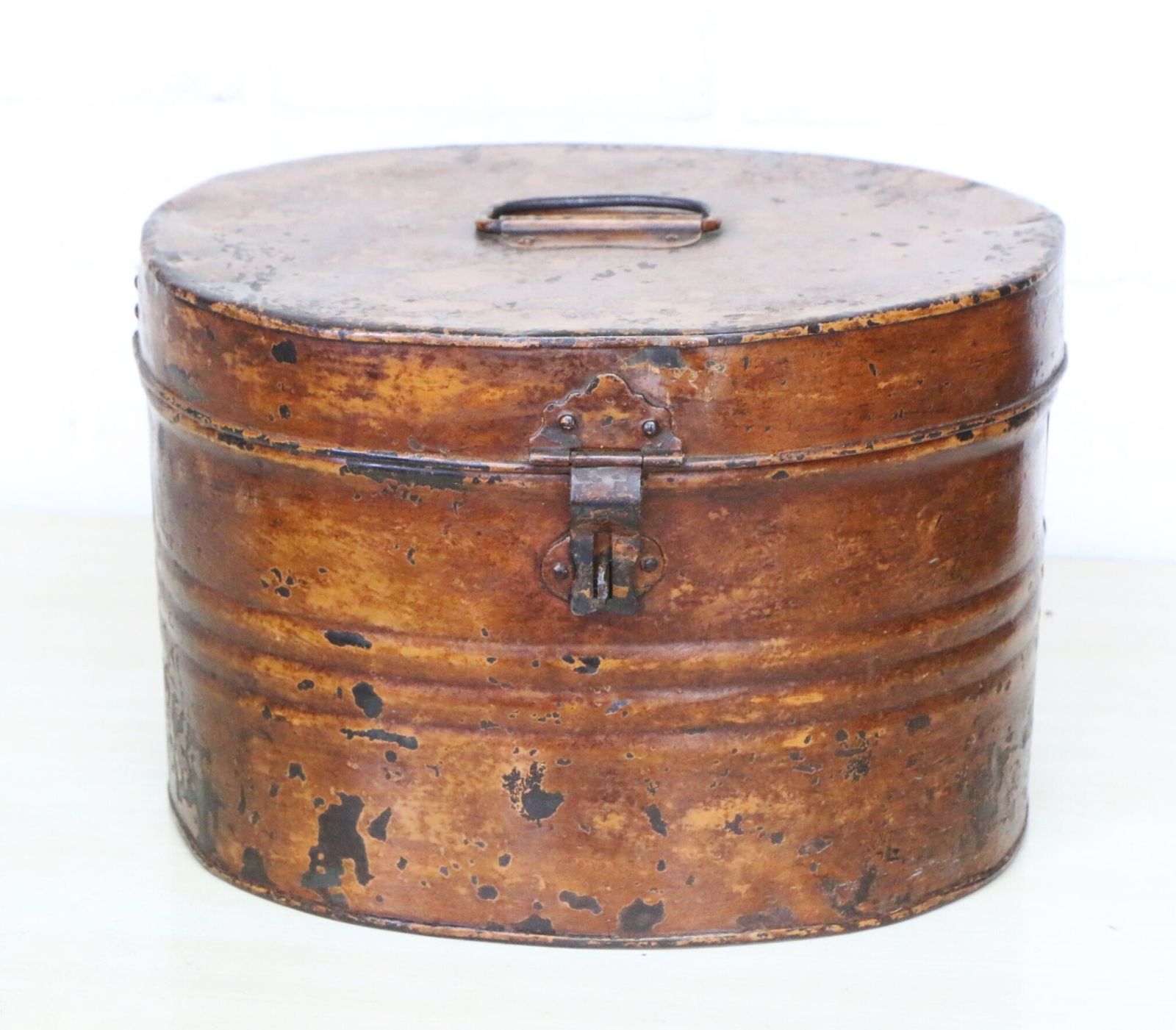Antique Metal Hat Box Toleware Tin Lovely Patina + Hasp Very Decorative photo for sale