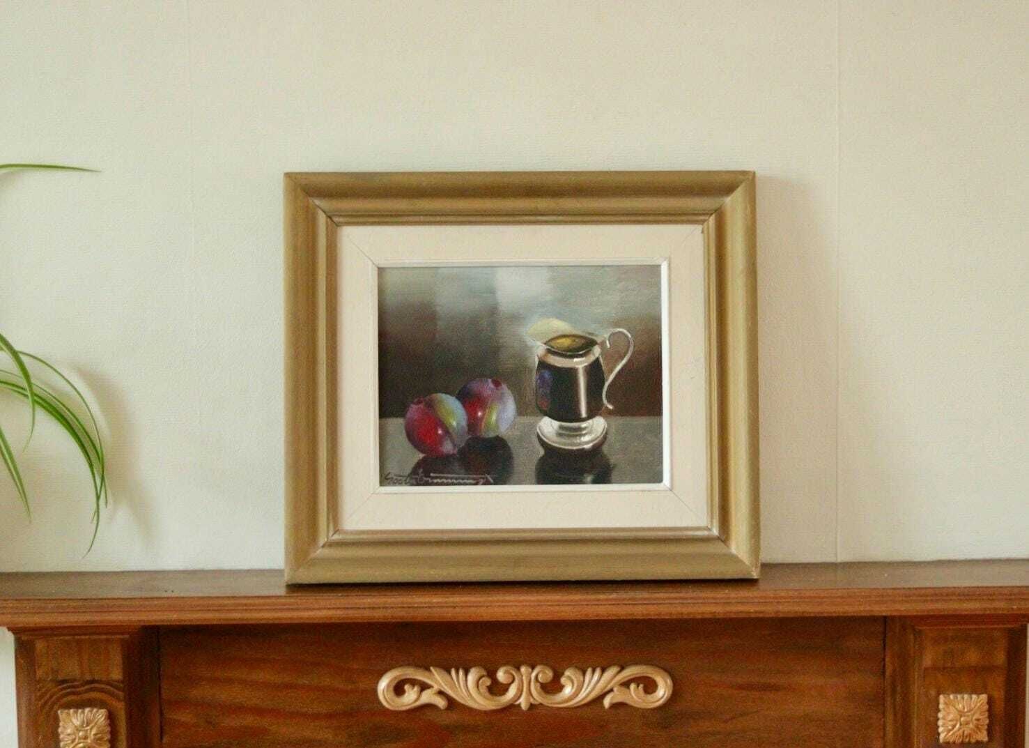 Original Mid Century  Swedish Oil On Canvas "Still Life With Plums And Jug"By Gösta Emming Vintage & Framed | 38 X 33 Cm (15 X 13 Inches) photo Art