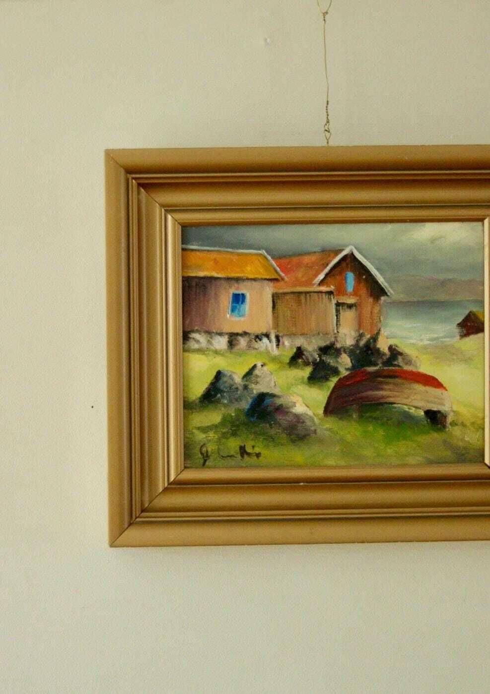 Original Vintage Swedish Oil On Canvas – House By The Water – Owe Svedin – Signed & Framed | 36 X 31 Cm (Approx. 14.2 X 12.2 Inches) photo for sale