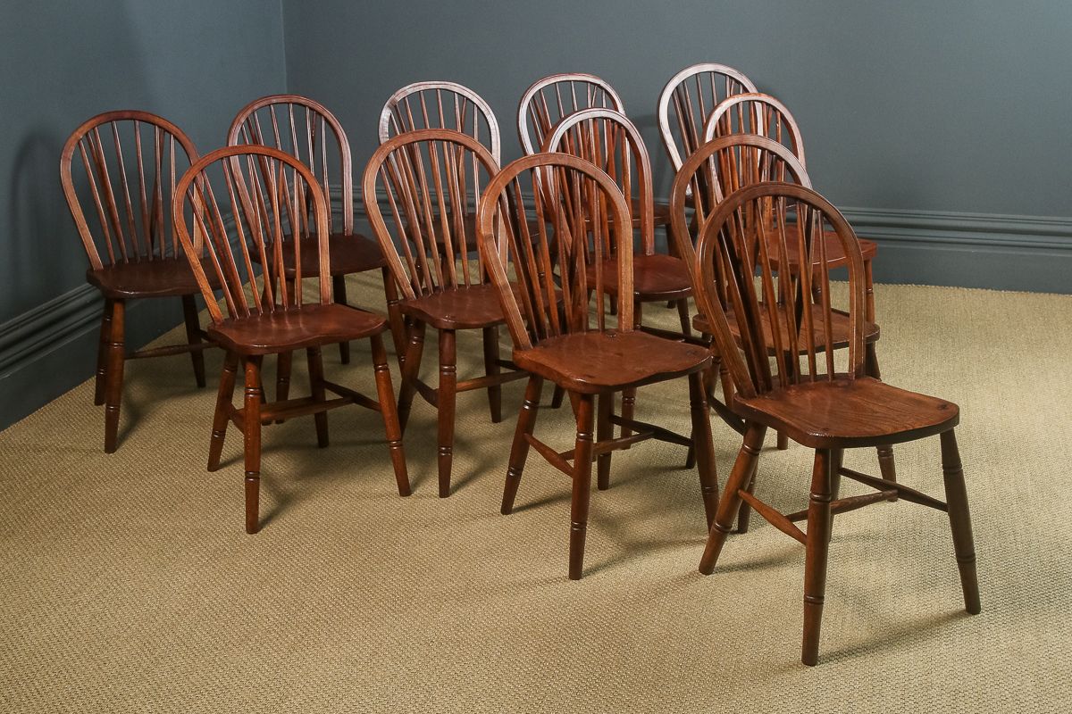Set Of 12 Twelve Victorian Ash & Elm Windsor Stick & Hoop Back Kitchen Chairs (Circa 1890   1930) photo vinterior