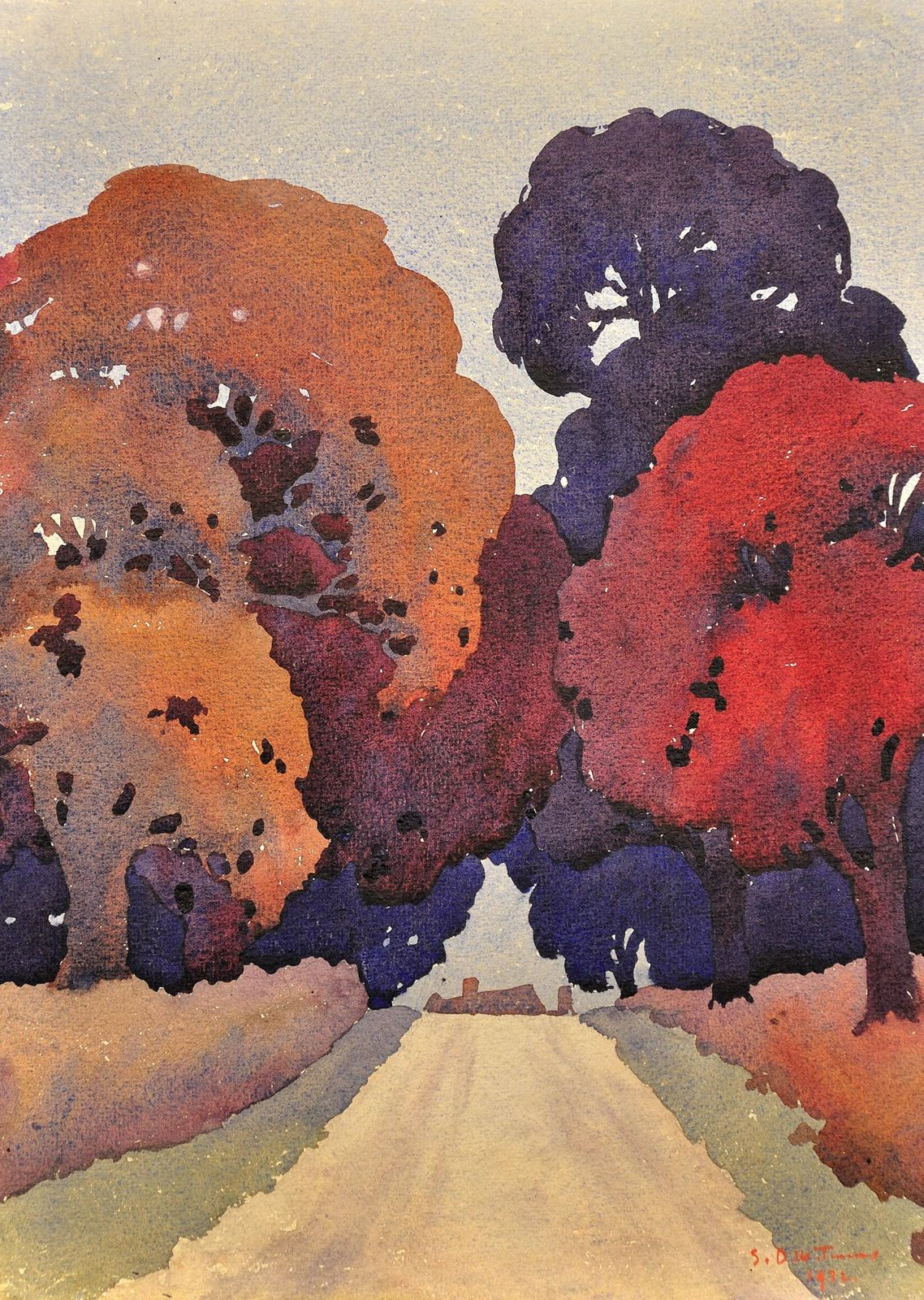 Samuel Timmins 1900 To 1951 Art Deco Watercolour Painting The Road That Takes You Home Staffordshire Countryside Landscape 1932 photo furniture