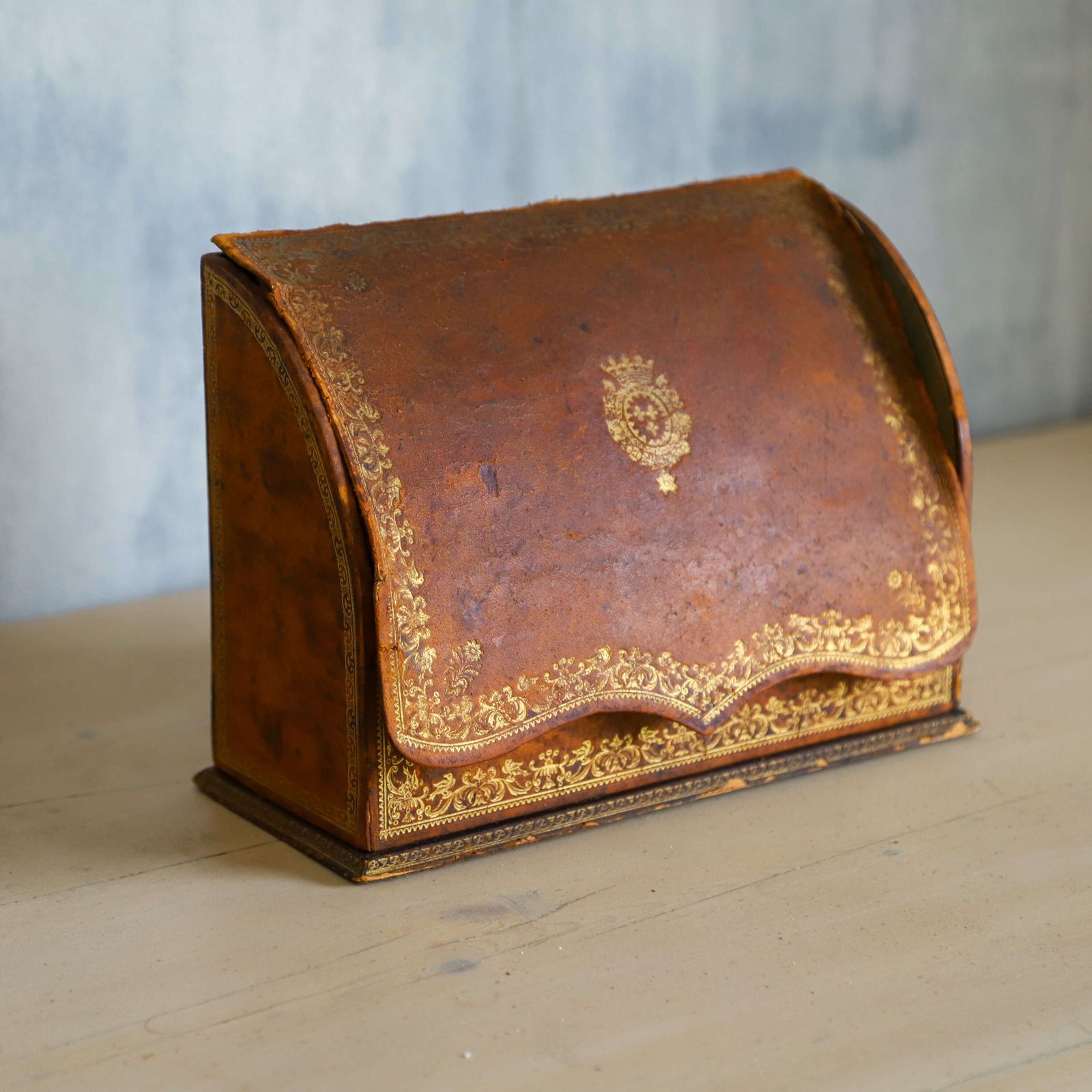 Small Leather Stationery Box With Pale Green Watered Silk Interior   Early 20th Century photo for sale