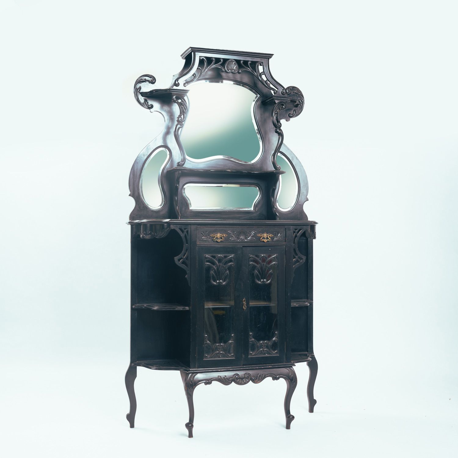 2285.0 Arts & Crafts Parlour Cabinet In Black Ebonised Wood And Mirror Glass From Maddox & Co., England, 1910s photo