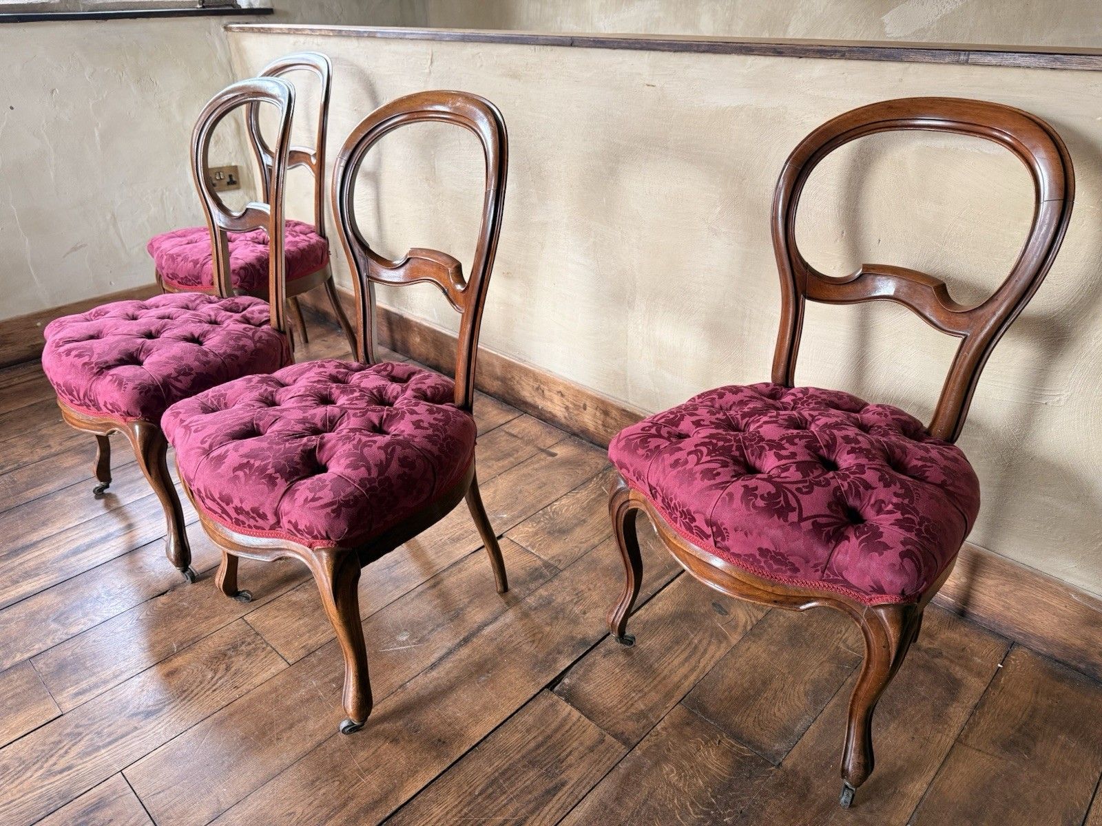 Antique Walnut Balloon Back  Victorian Magenta Purple Dining  Chairs Set 4 photo Furniture
