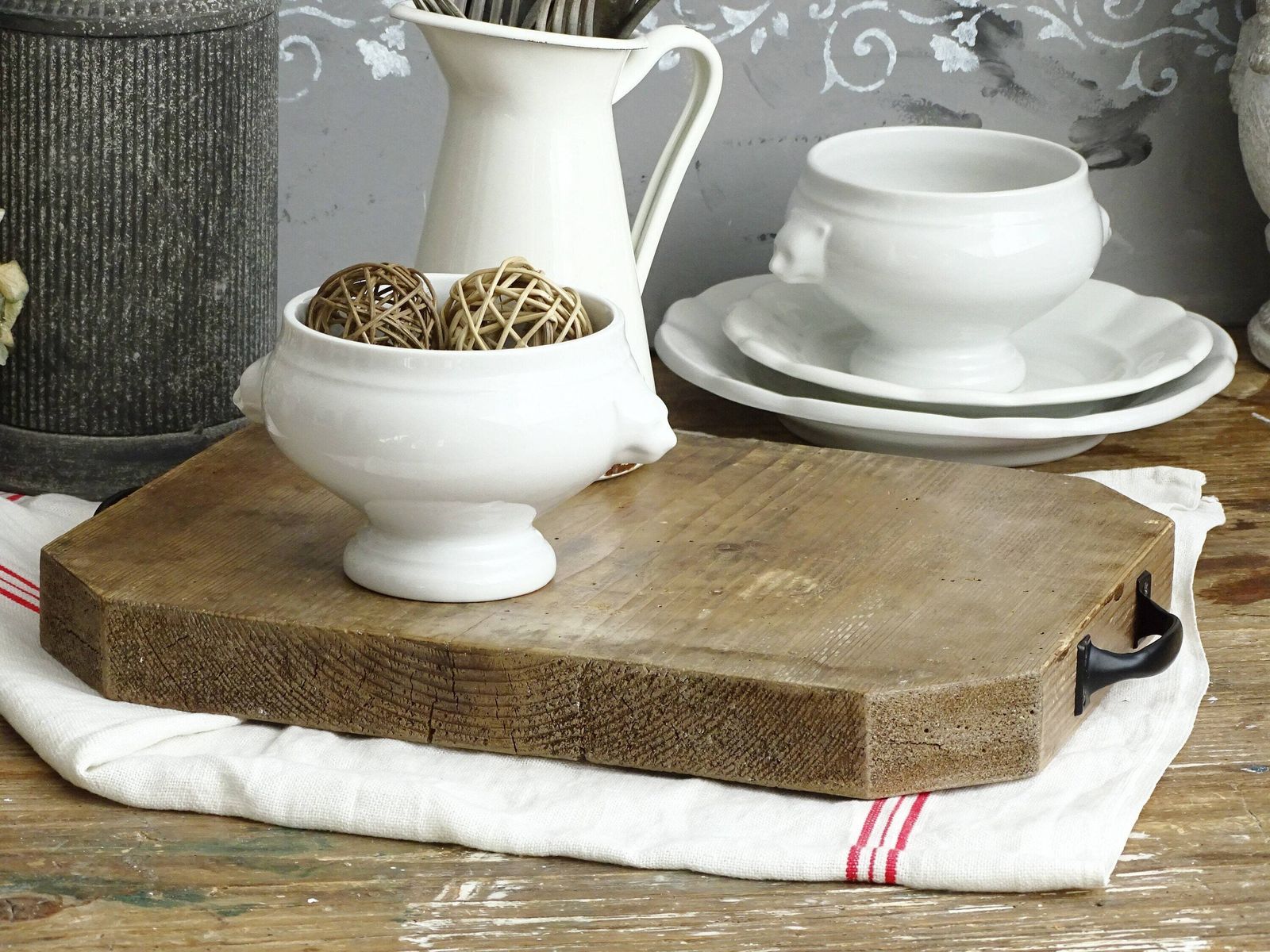 Vintage Wood Cutting Board With Metal Handles: Farmhouse Charcuterie Tray photo Home Decor