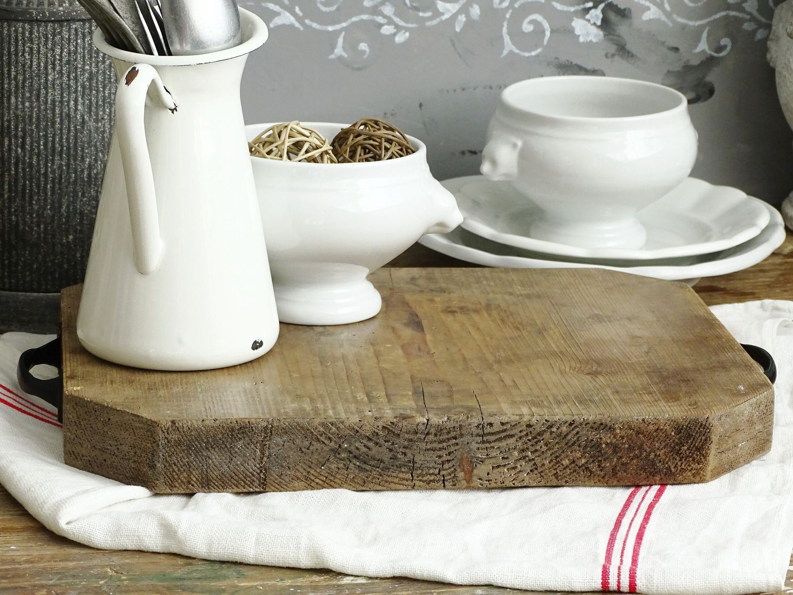 Vintage Wood Cutting Board With Metal Handles: Farmhouse Charcuterie Tray photo vintage