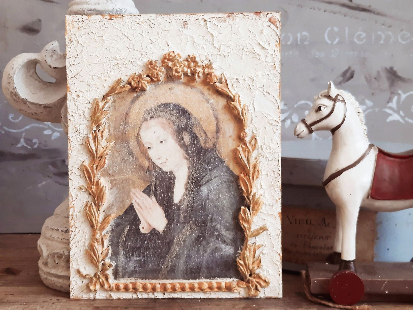 Virgin Mary Icon Plaque: Baroque Gold Frame, Shabby Chic Altar Decor photo furniture