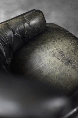 photo furniture Mid Century Modern Danish Black Quilted Leather Wing Chair, 1960s