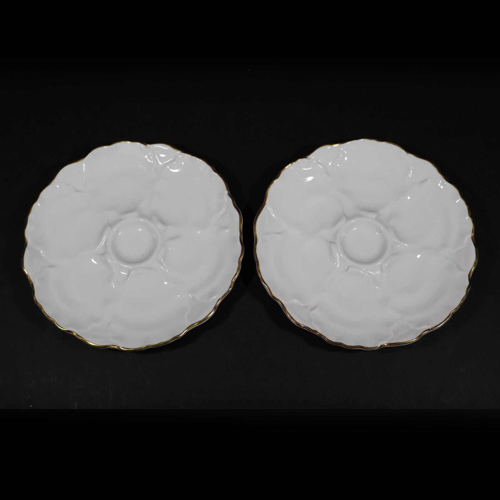 Art Deco Oyster Plates In White And Gold Porcelain By Hutschenreuther S/2 photo for sale