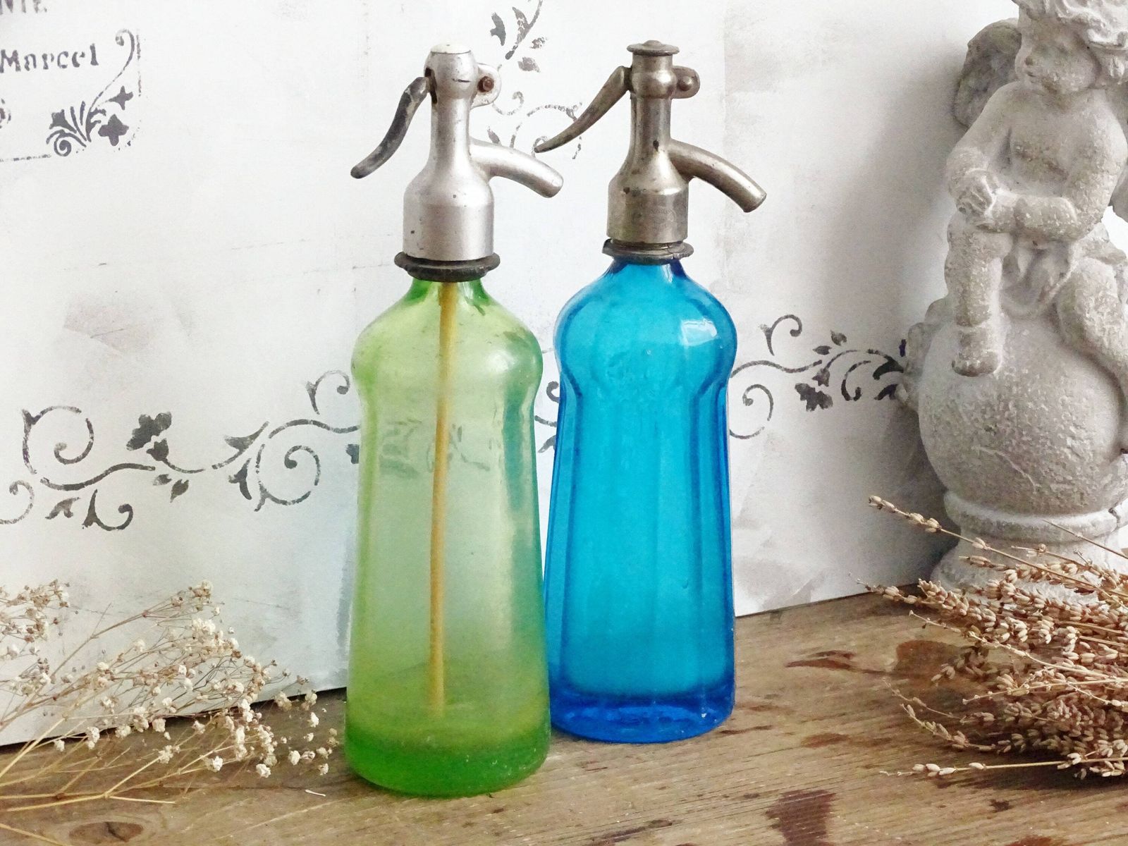 Antique Green Glass Seltzer Bottle, Syphon: Brocante Shabby Chic Decor photo furniture