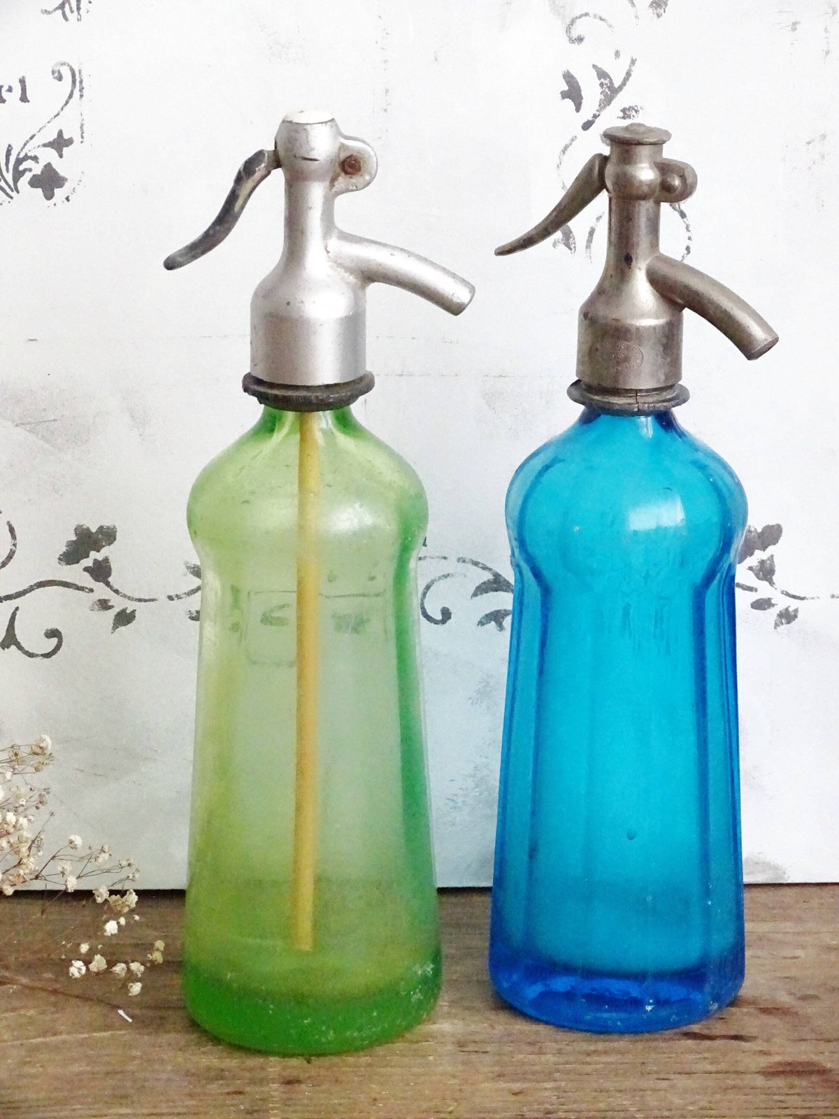 Antique Green Glass Seltzer Bottle, Syphon: Brocante Shabby Chic Decor photo for sale