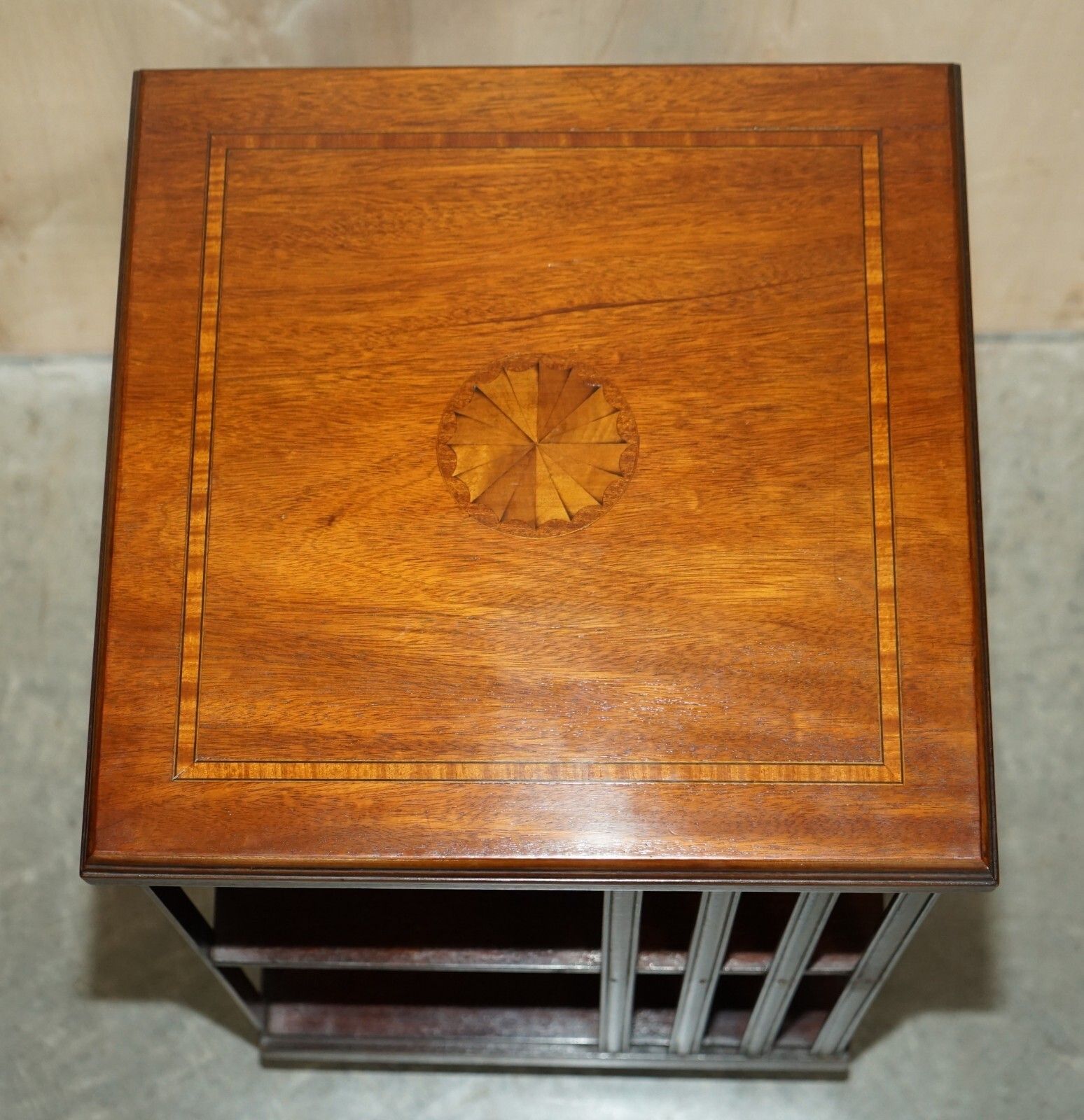 photo for sale Vintage Sheraton Revival Mahogany & Satinwood Revolving Bookcase Side End Table
