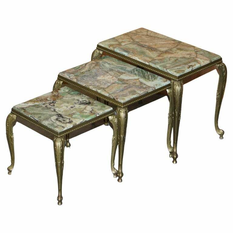 Lovely Nest Of Three Brass & Onyx Vintage Circa 1940's French Lamp Wine Tables