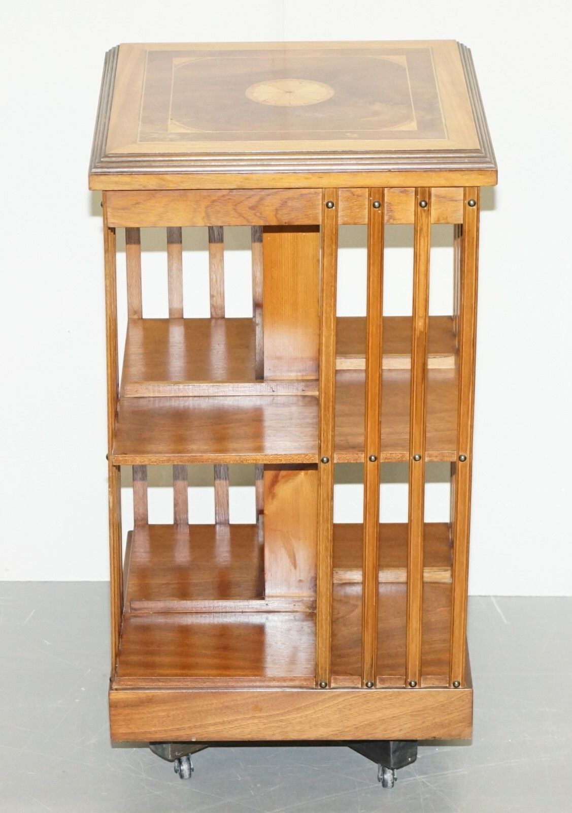 Circa 1900 Edwardian Burr Walnut & Satinwood Revolving Bookcases Sheraton Inlaid photo for sale