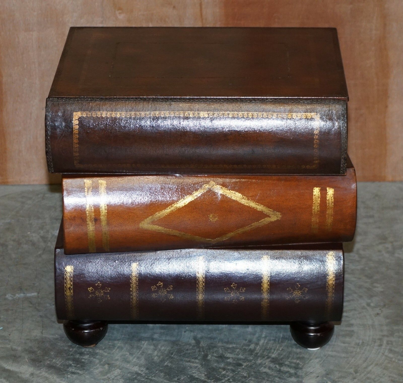 Pair Of Leather Bound Scholars Library Stacking Books Side Tables With Drawers photo for sale