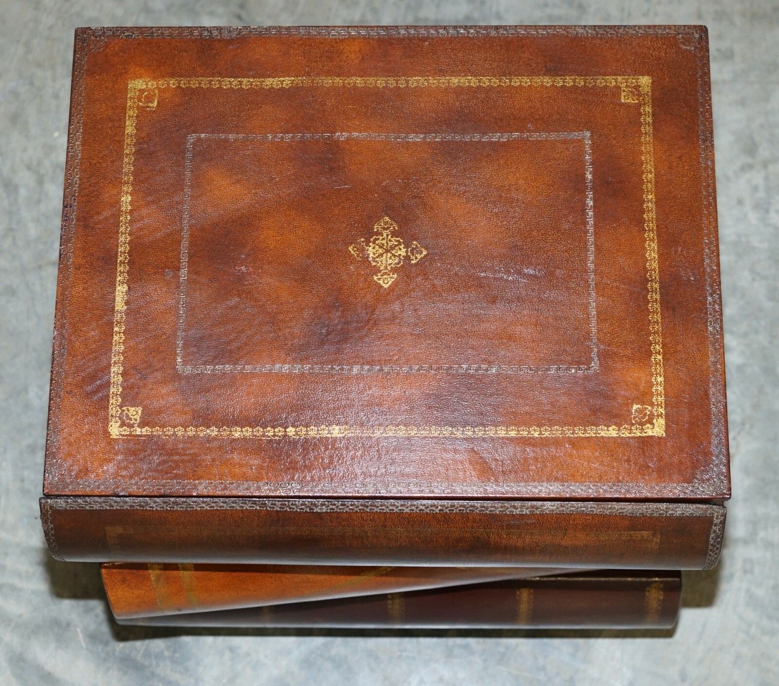 Pair Of Leather Bound Scholars Library Stacking Books Side Tables With Drawers photo Furniture