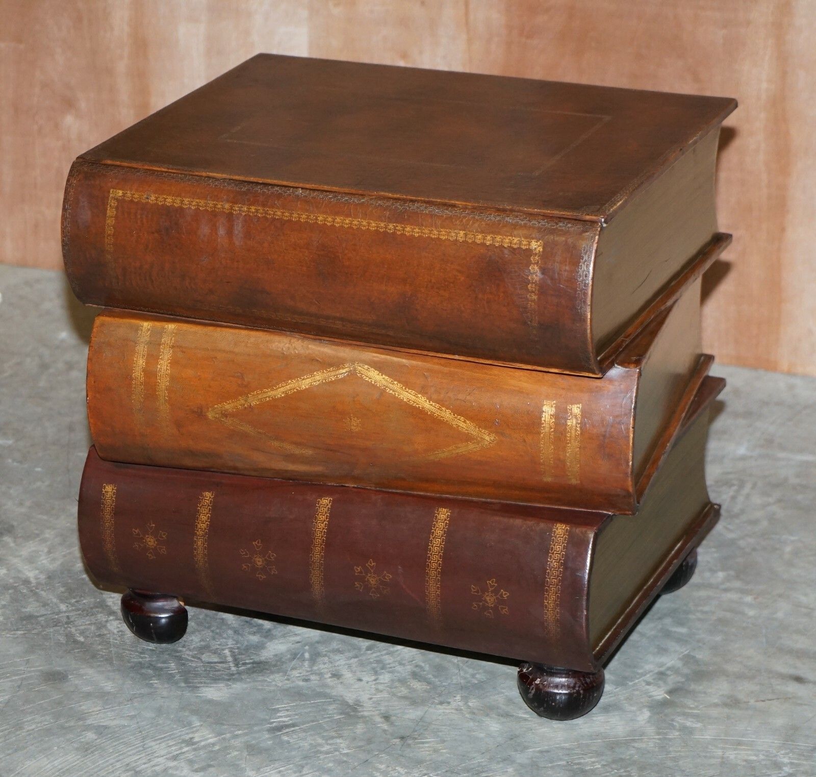 photo for sale Pair Of Leather Bound Scholars Library Stacking Books Side Tables With Drawers