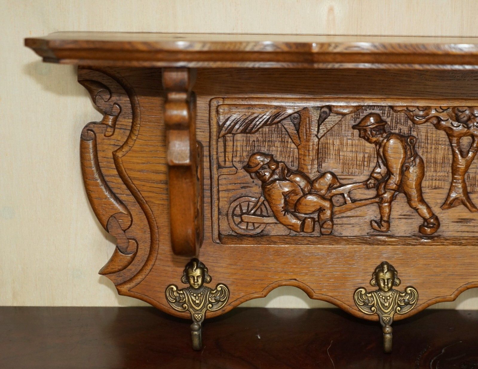 Antique Dutch Heavily Carved Oak Coat Hat Scarf Wall Rack Hanger French Hooks photo for sale