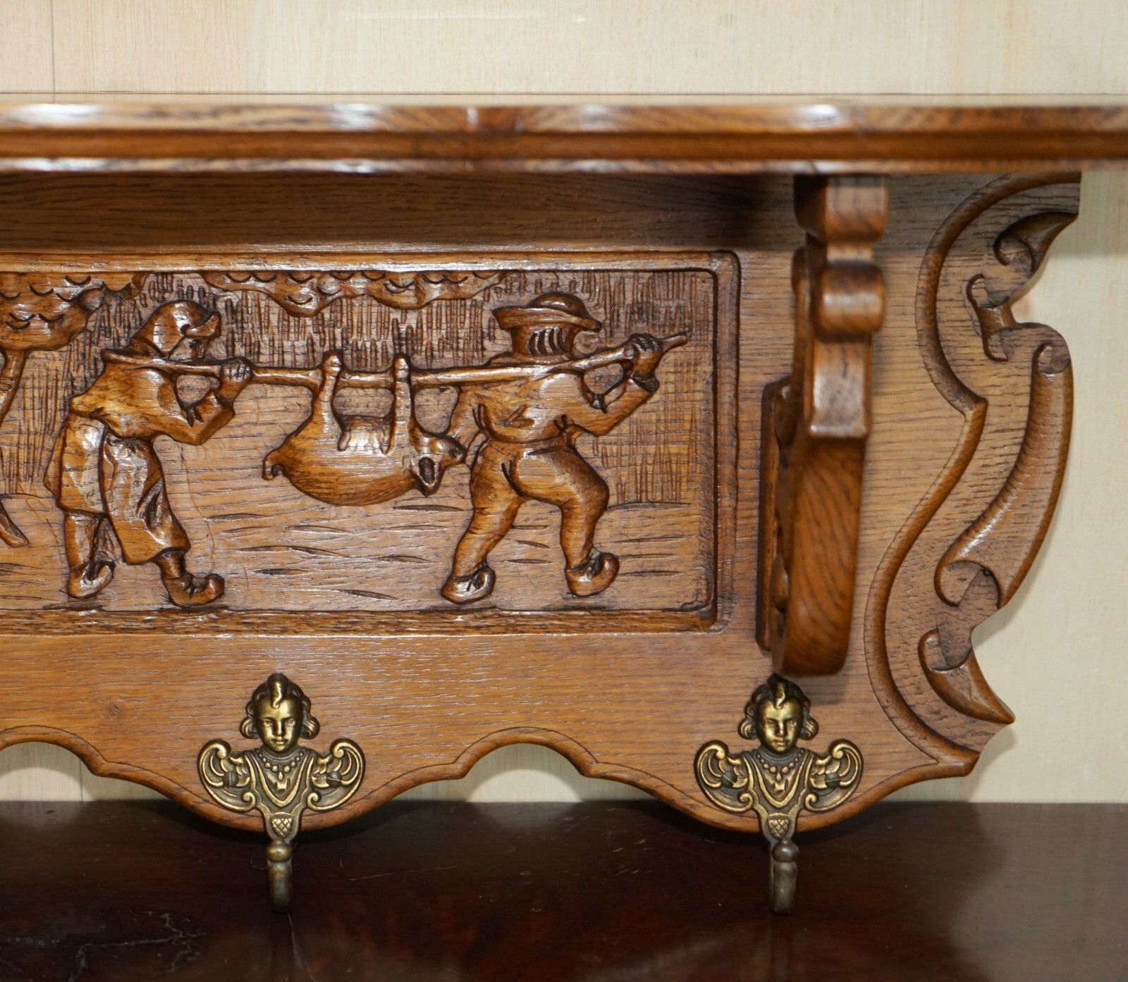 Antique Dutch Heavily Carved Oak Coat Hat Scarf Wall Rack Hanger French Hooks photo Furniture