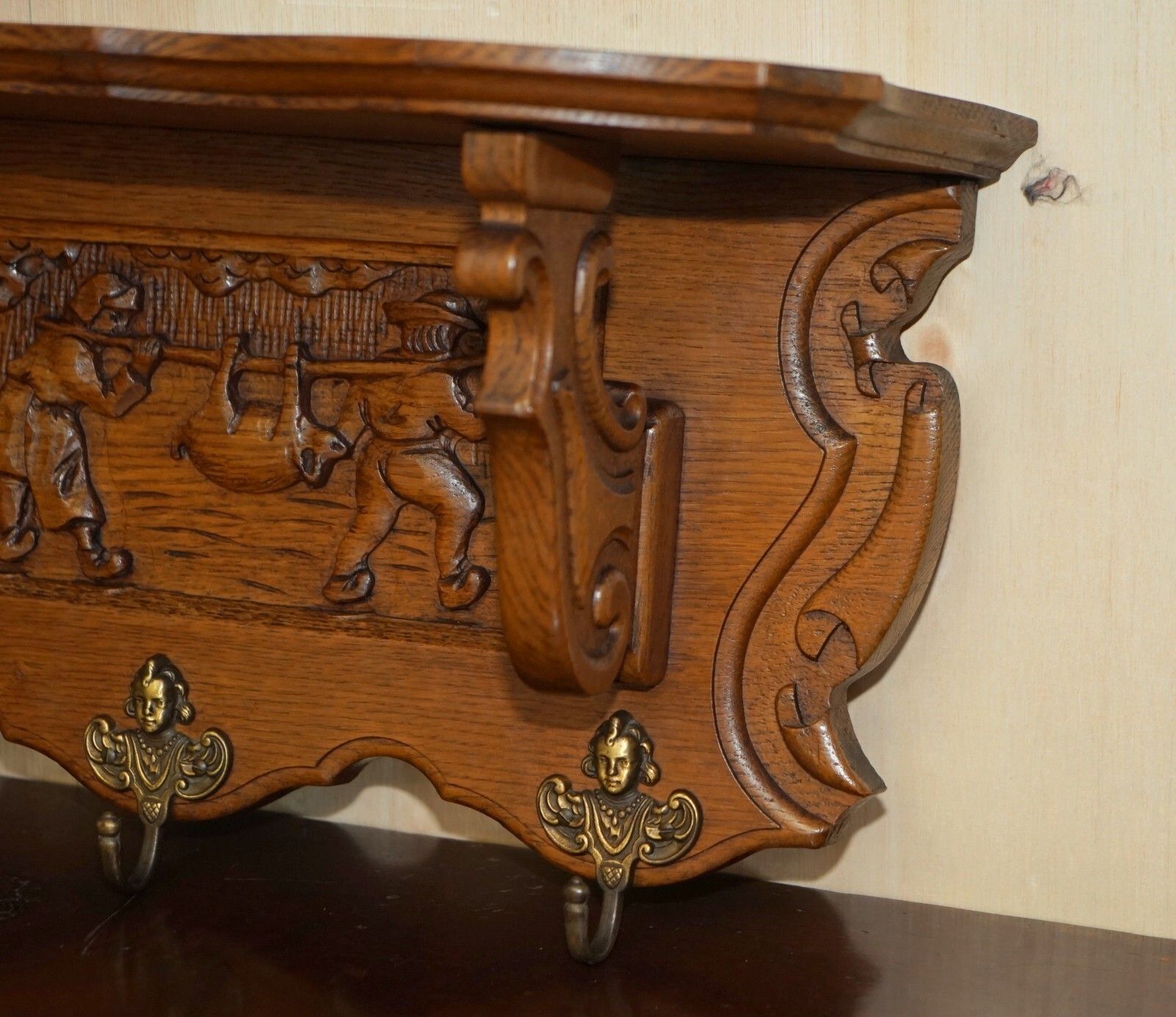 Antique Dutch Heavily Carved Oak Coat Hat Scarf Wall Rack Hanger French Hooks photo 1350.0