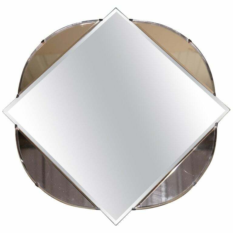 Lovely 1930's French Art Deco Bevelled Mirror With Square Inside Circle Rare
