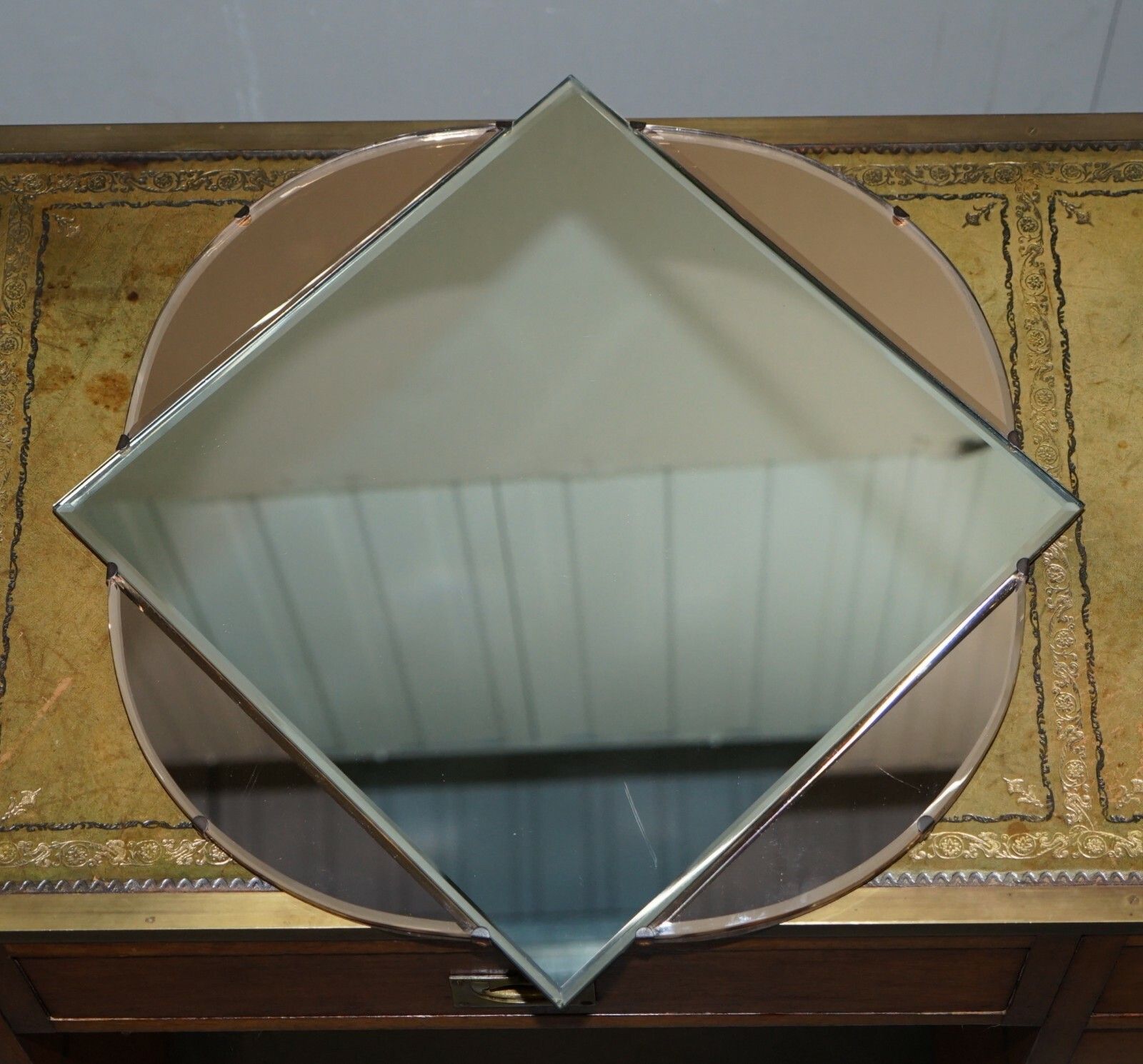 Lovely 1930's French Art Deco Bevelled Mirror With Square Inside Circle Rare photo for sale