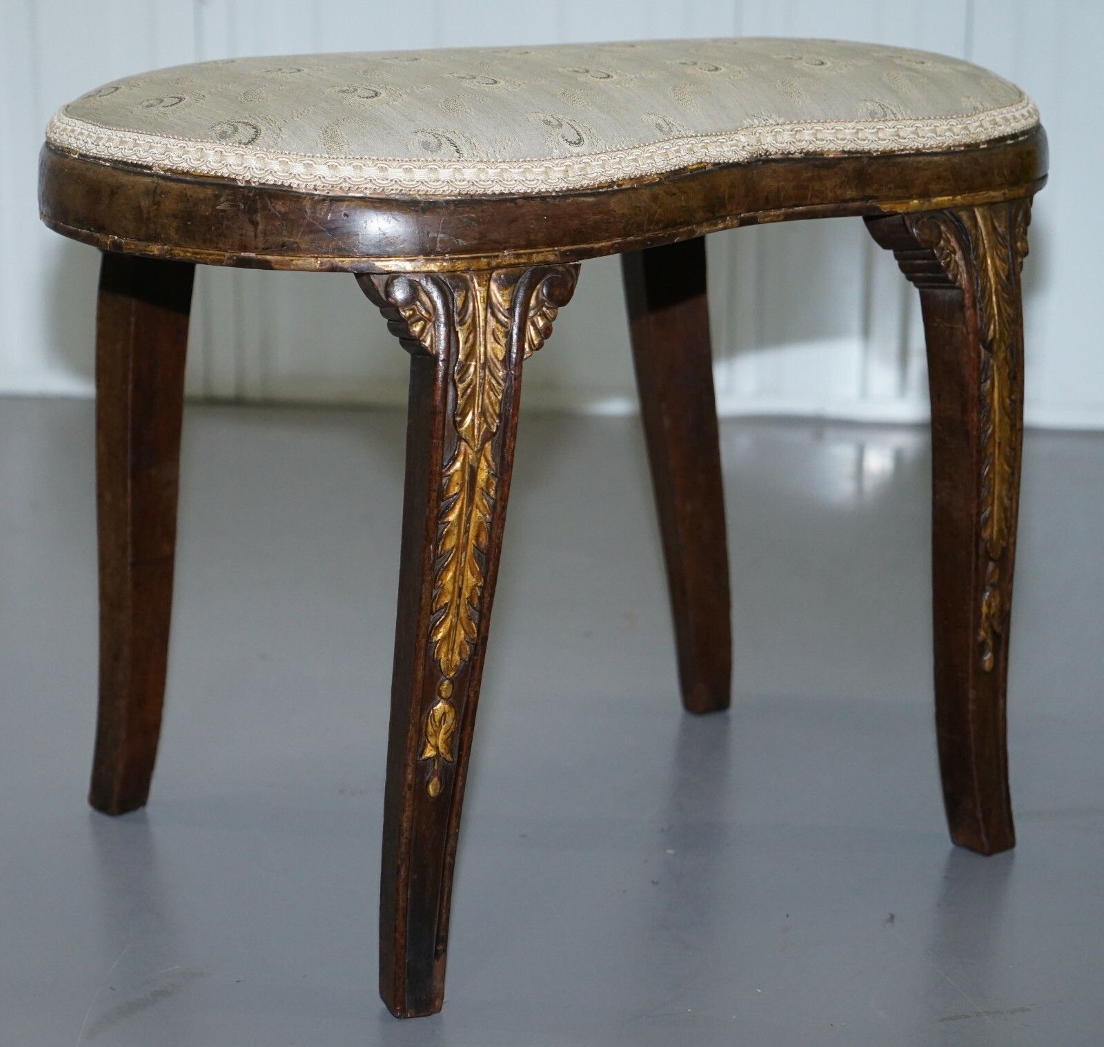 Rare Regency Walnut Giltwood Curved Kidney Saddle Stool Acanthus Leaf Detailing photo buy