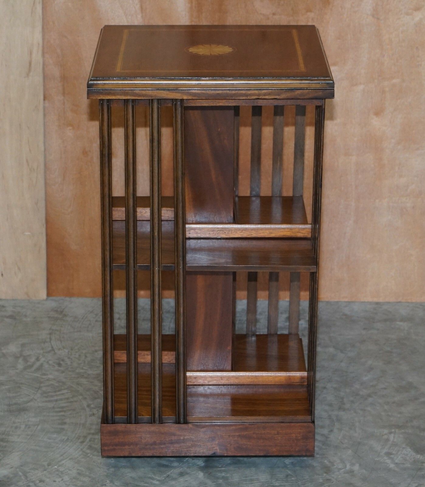 Lovley Sheraton Revival Mahogany & Satinwood Revolving Bookcase Side End Table photo for sale