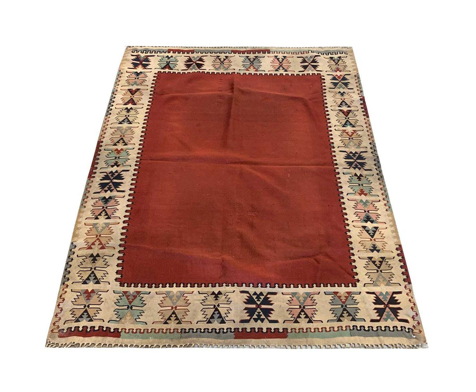 Antique Burgundy Kilim Rug: Square Wool Flatweave Carpet, 1900s photo furniture