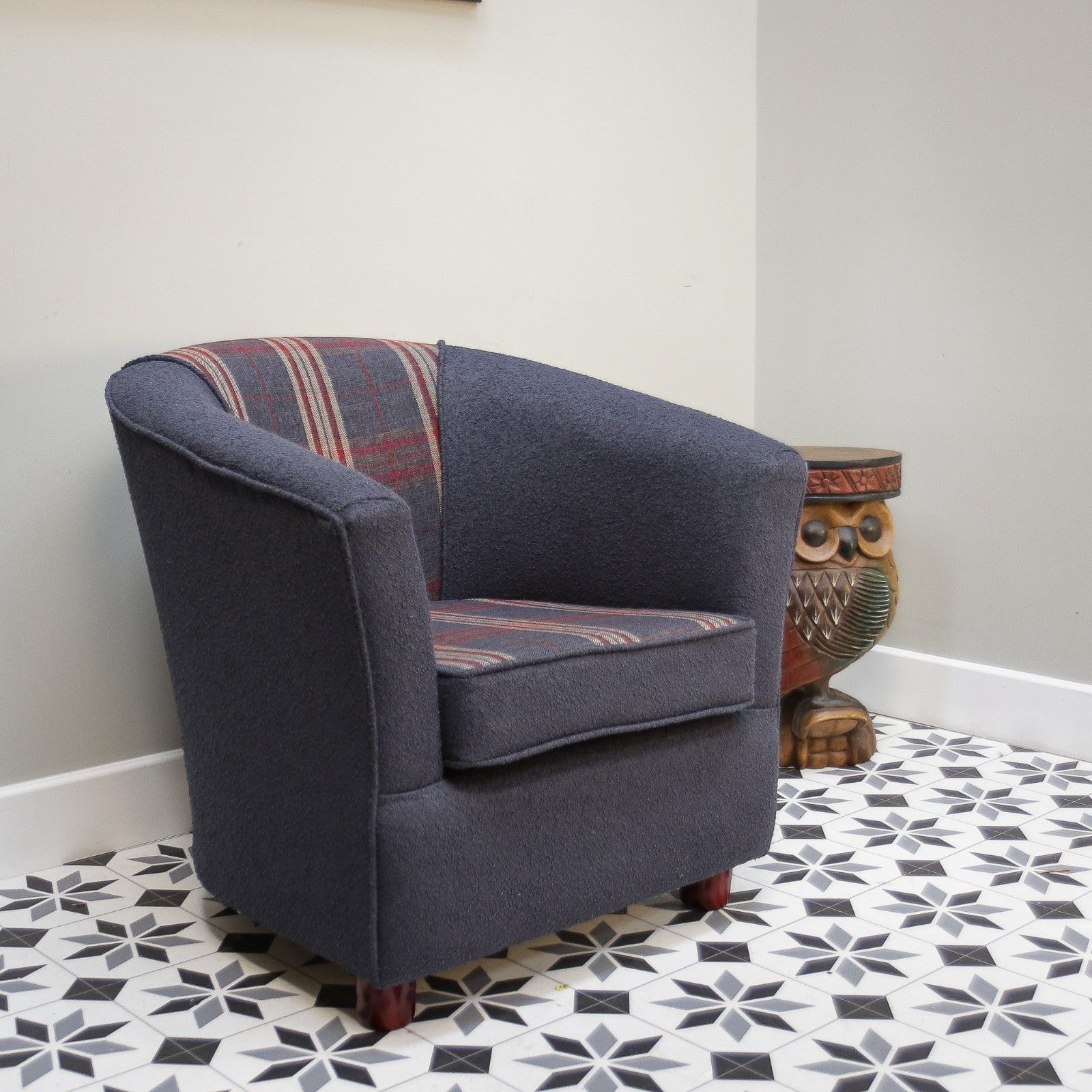 Upholstered Blue And Tartan Tub Chair photo Furniture