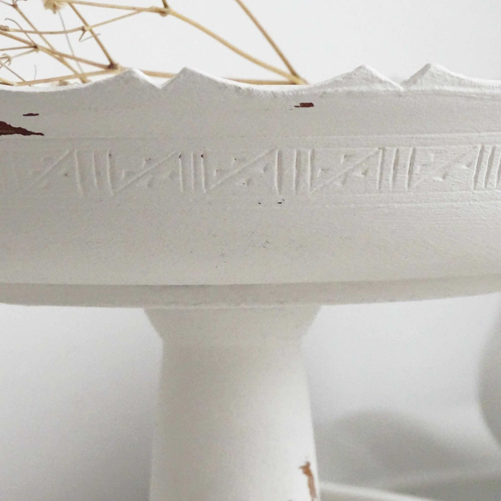 White Wood Cake Stand: Carved Scalloped Pedestal Bowl, 70s Vintage photo for sale