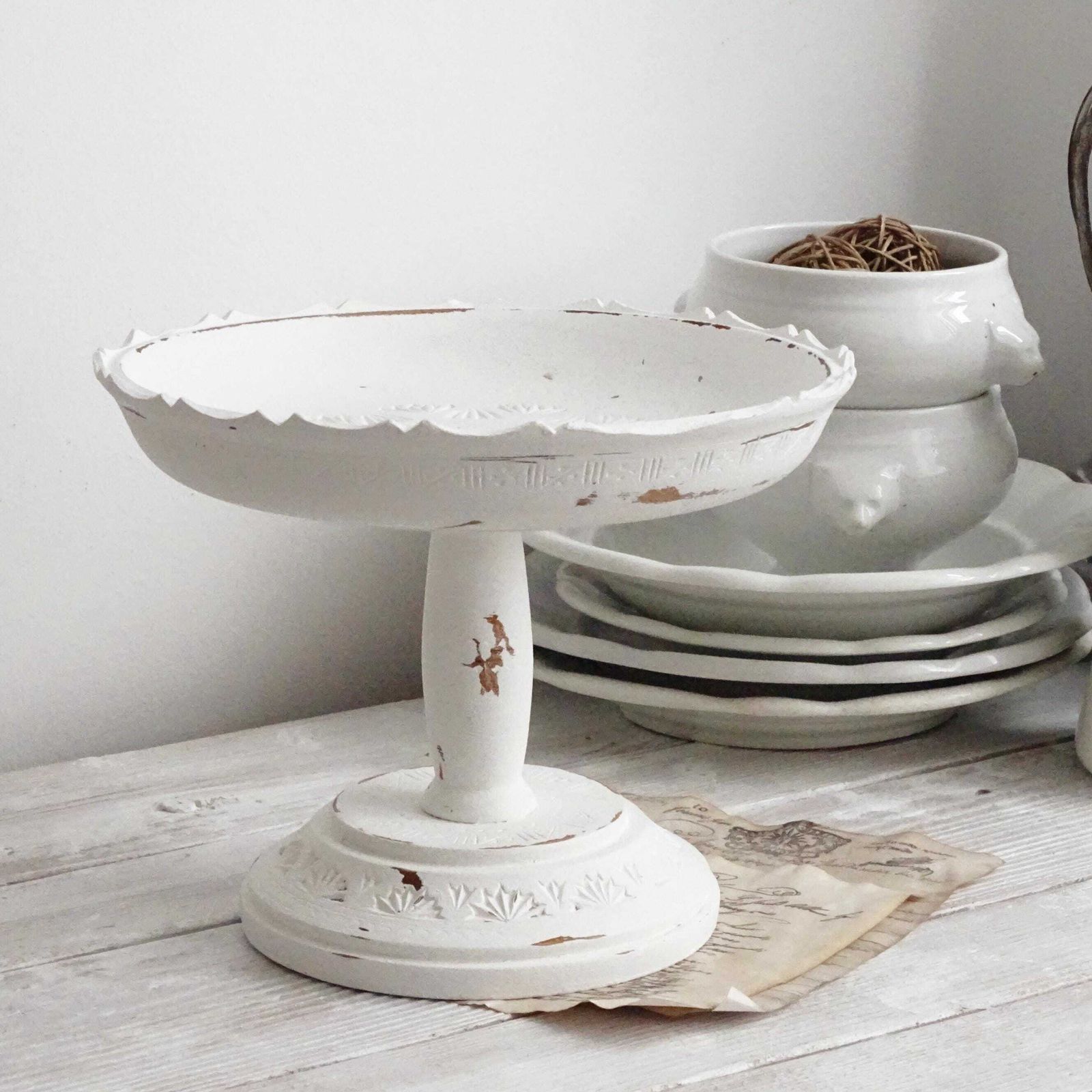 White Wood Cake Stand: Carved Scalloped Pedestal Bowl, 70s Vintage photo Home Decor