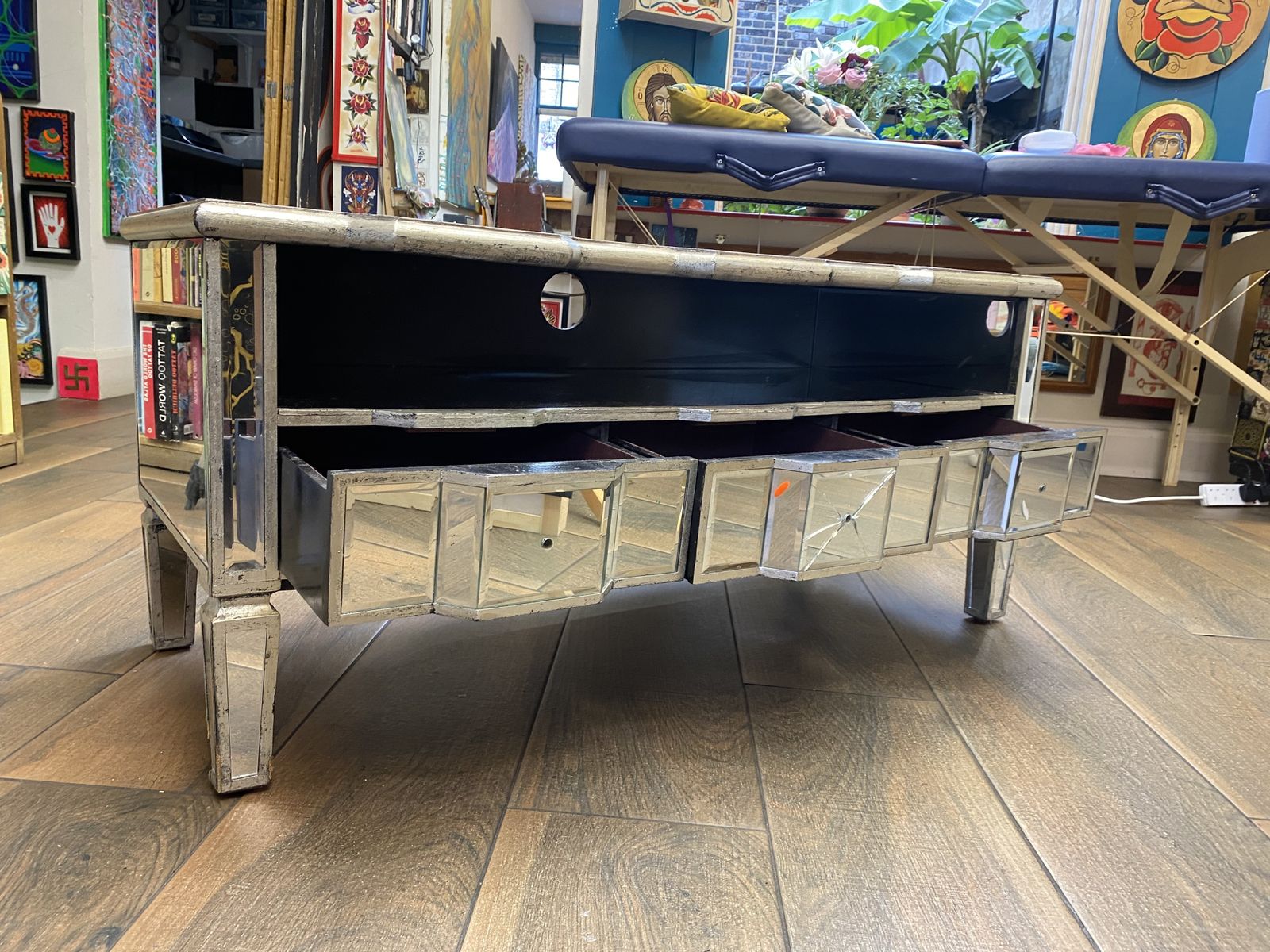 Lucca Vintage Venetian 3 Drawer Mirrored Glass Tv Stand Media Unit photo for sale