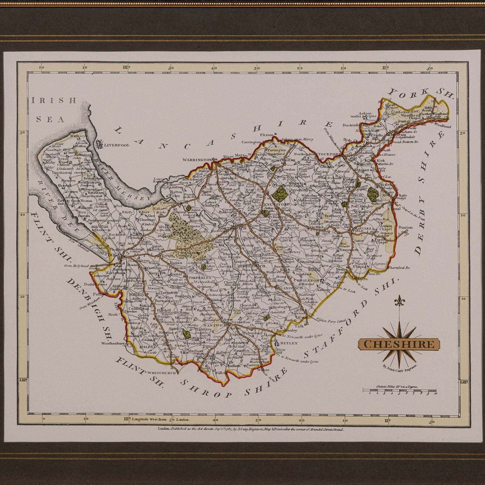 Vintage County Map Of Cheshire, English, After John Cary, Cartography Interest photo Art