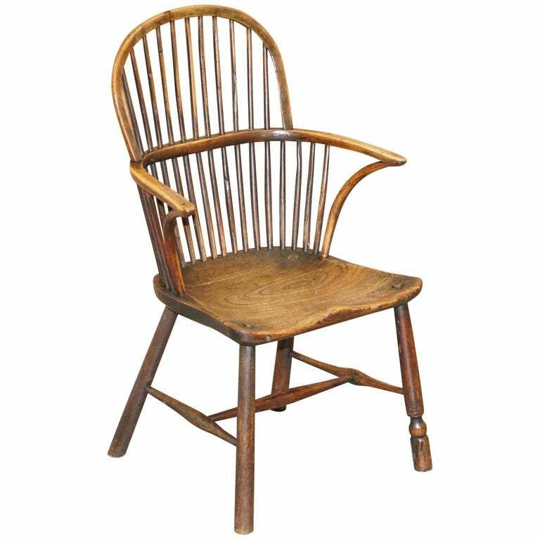 Primitive Circa 1800 Hoop Back Windsor Armchair In Elm Heavy Patina Decorative