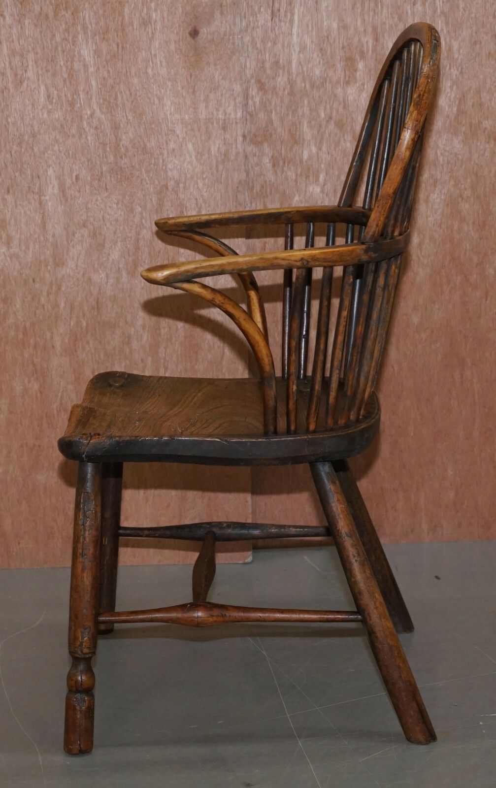 Furniture Primitive Circa 1800 Hoop Back Windsor Armchair In Elm Heavy Patina Decorative photo