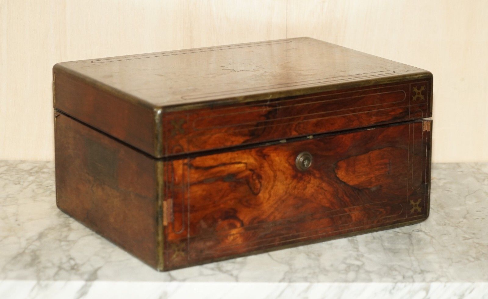 For Restoration Antique Rosewood Brass Vanity Box Sterling Silver Pieces Inside photo furniture