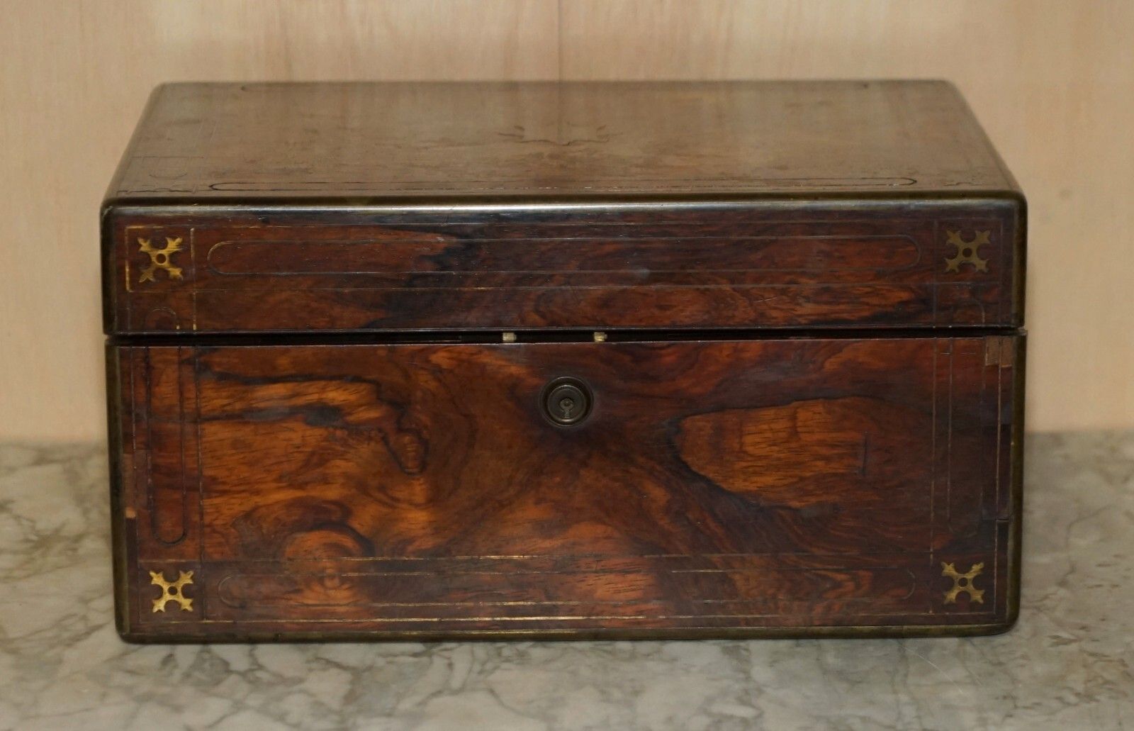 For Restoration Antique Rosewood Brass Vanity Box Sterling Silver Pieces Inside photo for sale