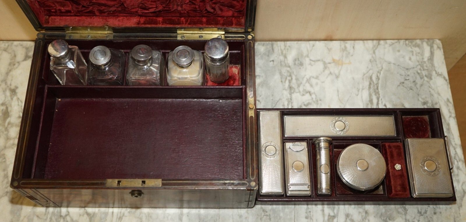 For Restoration Antique Rosewood Brass Vanity Box Sterling Silver Pieces Inside photo vinterior