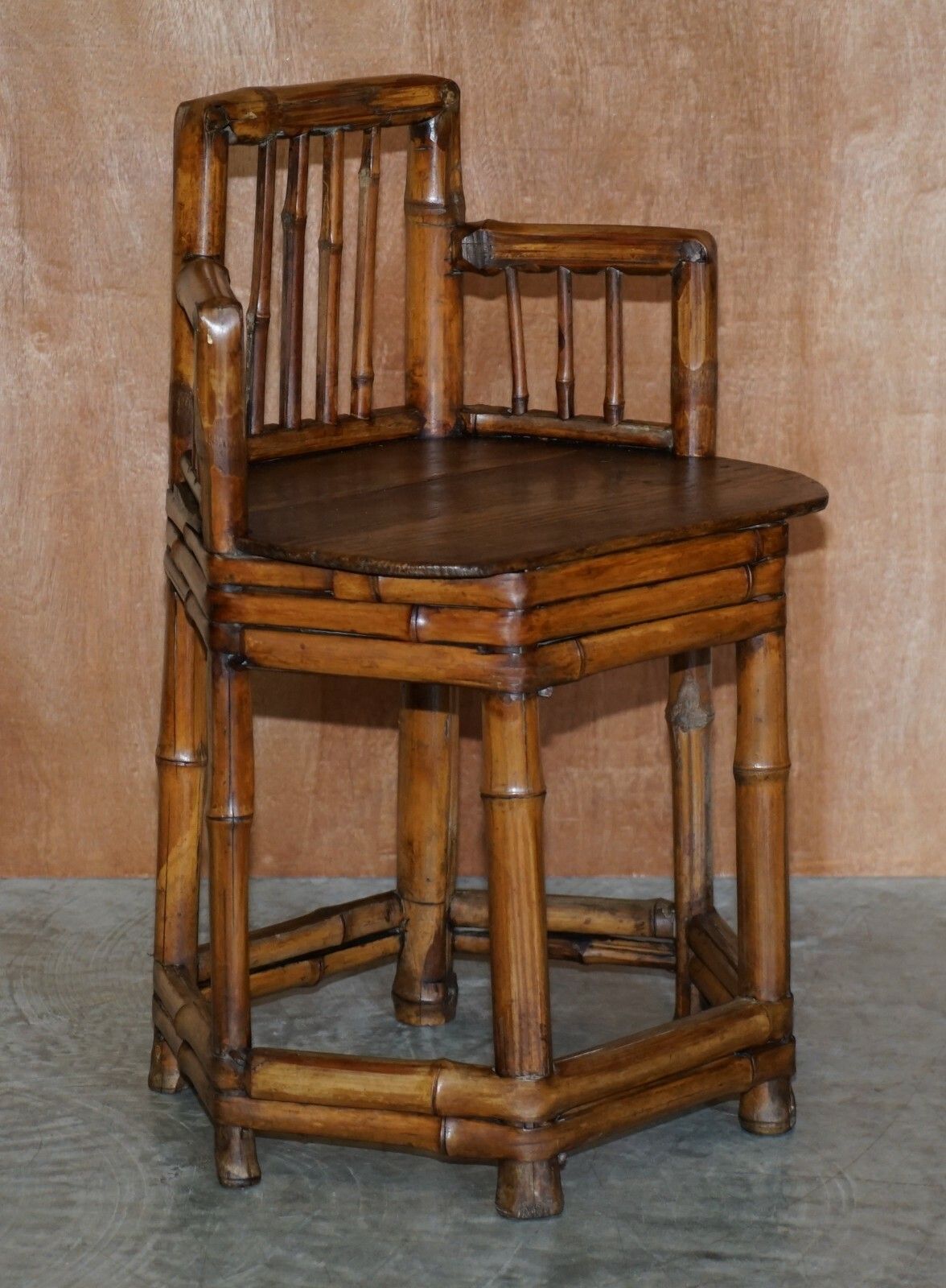 Pair Of Stunning Circa 1800 Chinese Bamboo Primitive Occasional Chairs His & Her photo vintage