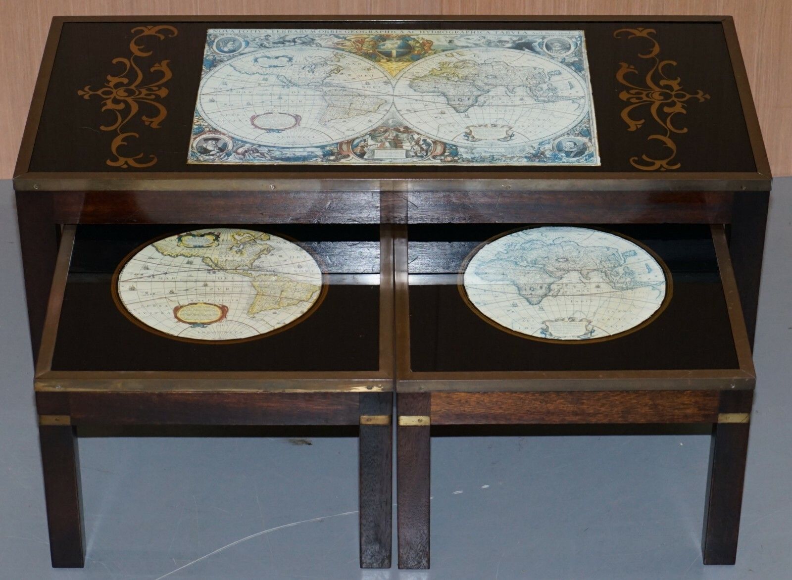 Stunning Coffee & Side Table Nest Of Tables Military Campaign With World Maps photo furniture