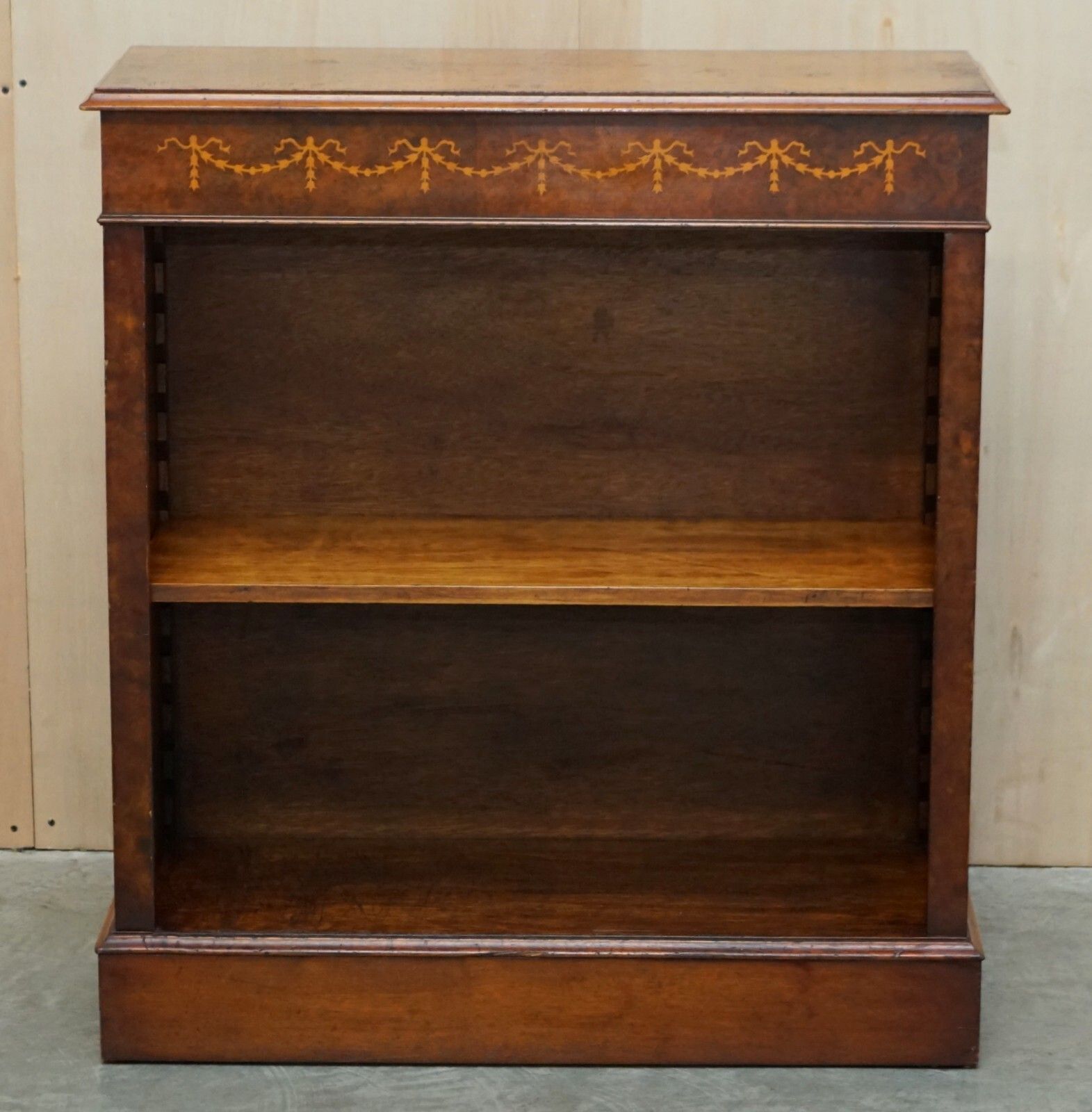 Sheraton Revival Burr Elm Walnut Inlay Dwarf Library Open Bookcase Bookshelf photo furniture