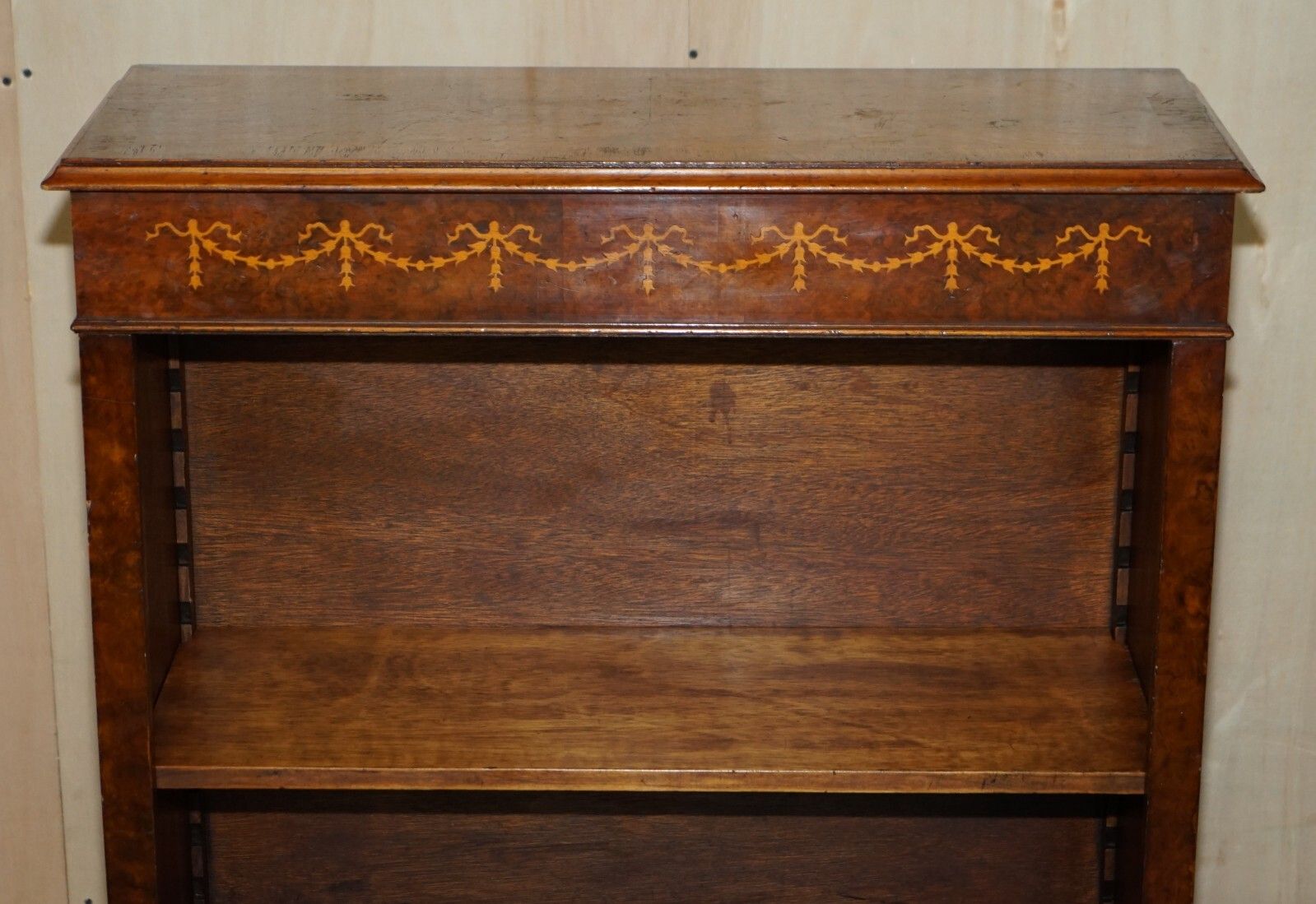 Sheraton Revival Burr Elm Walnut Inlay Dwarf Library Open Bookcase Bookshelf photo for sale