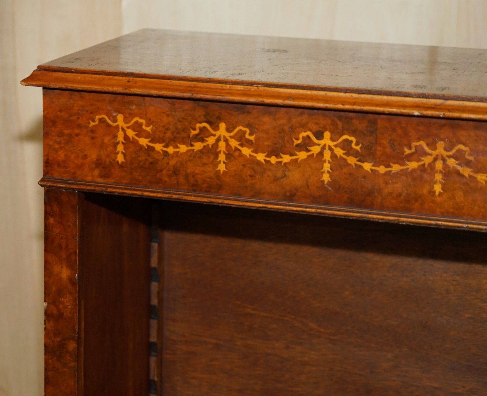 Sheraton Revival Burr Elm Walnut Inlay Dwarf Library Open Bookcase Bookshelf photo Furniture