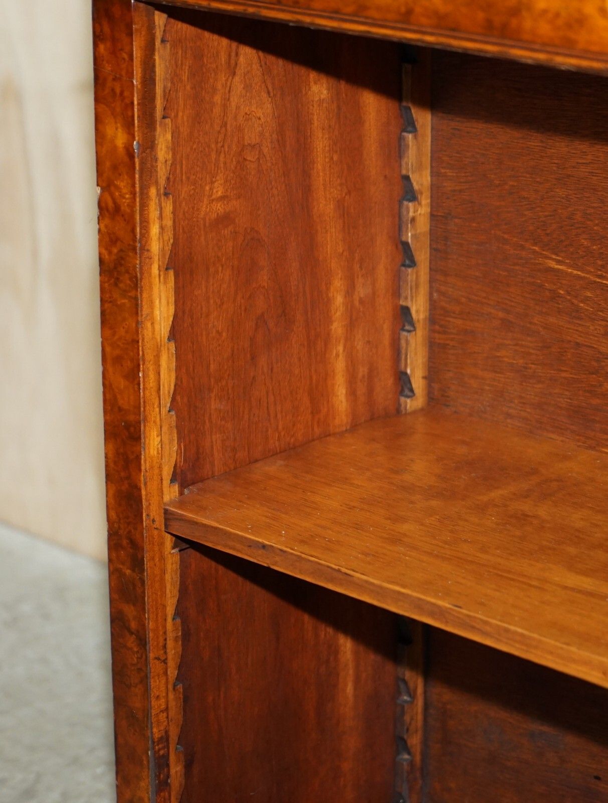 photo furniture Sheraton Revival Burr Elm Walnut Inlay Dwarf Library Open Bookcase Bookshelf