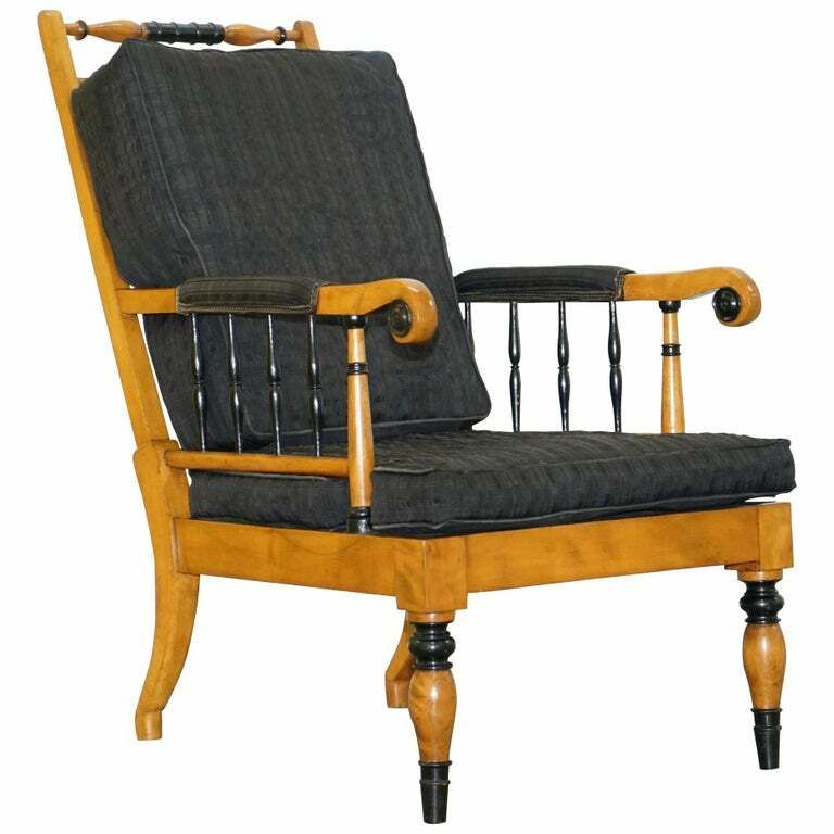 Antique Satin Birch Wood Swedish Biedermeier Library Reading Armchair Ebonished