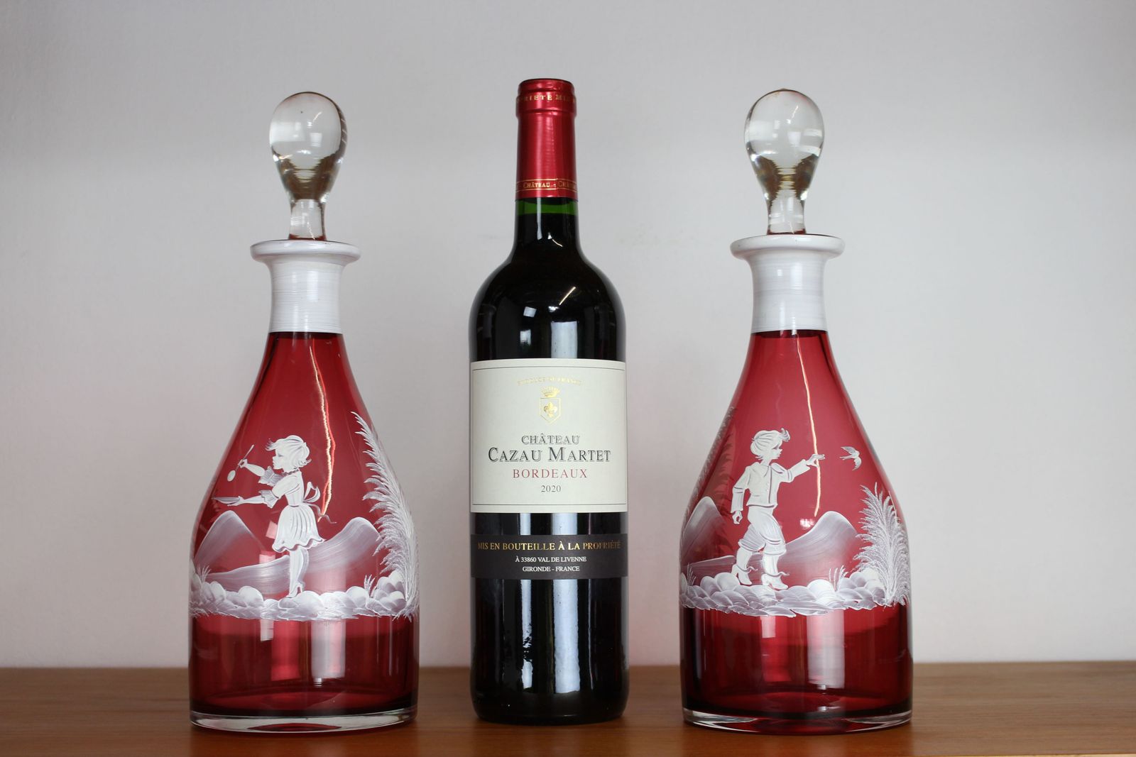 Pair Of Mary Gregory Style Cranberry Glass Decanters photo Home Decor