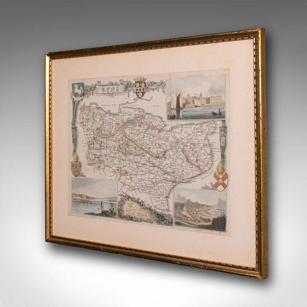 Vintage County Map, Kent, History 19th Century Cartography, After Thomas Moule photo for sale